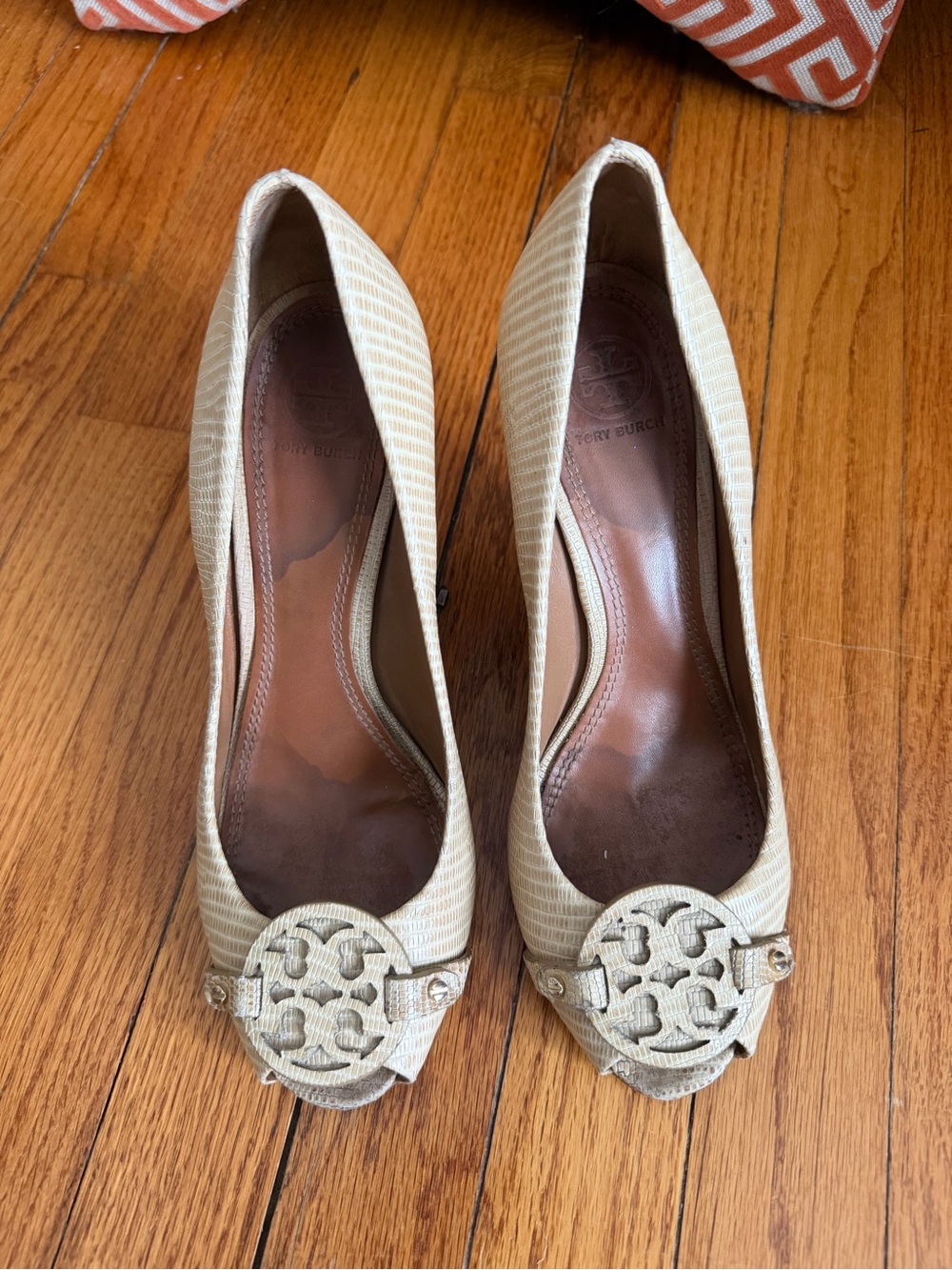 Tory Burch Cream Raffia Peep-Toe Heels with Logo Medallion